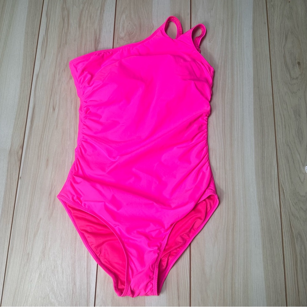 NWT Holipick Ruched Keyhole One Shoulder Ruched One Piece Neon Pink Size Large - Picture 3 of 9